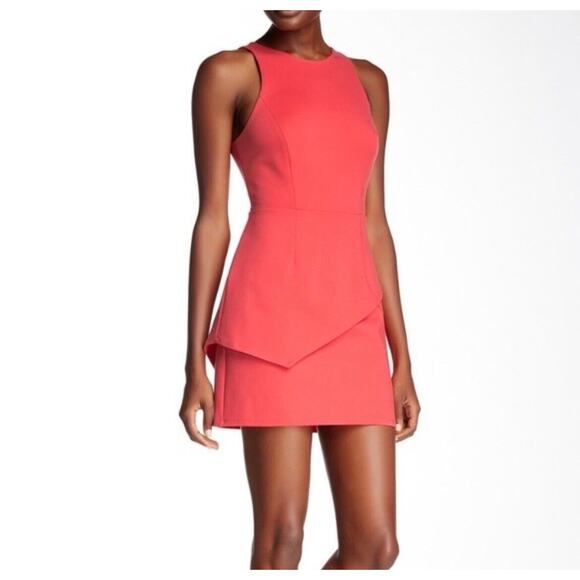 Halston Heritage Skirt Overlay Peplum Coral Mini Dress - Picture 1 of 10